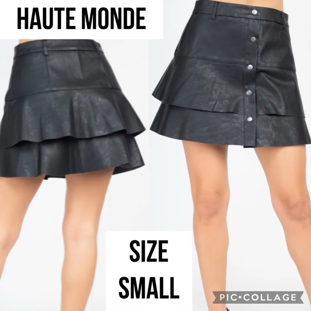 Haute Monde Womens Skirt Mini Tiered Ruffle Black Faux Leather Layered A Line S